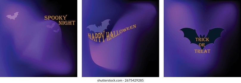Halloween Background Set with Bats, Spooky Night, Trick or Treat, and Happy Halloween Text on Purple Gradient Design.