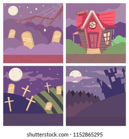 Halloween background set with cemetery and crosses, house, castle. Vector cartoon illustration for a holiday.