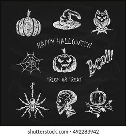 Halloween background, set of scary sketches icons drawn in white chalk on a black chalkboard, holiday theme, illustration.