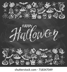 Halloween background with set of sketches icons. Holiday theme with lettering Happy Halloween written in white chalk on a black chalkboard, illustration.