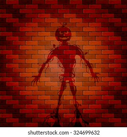 Halloween background with shadow of monster on a brick wall, illustration.