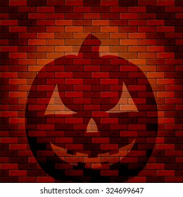 Halloween background with shadow of pumpkin on a brick wall, illustration.