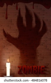 Halloween background with shadow scary hand of zombie on the brick wall. Vector illustration,