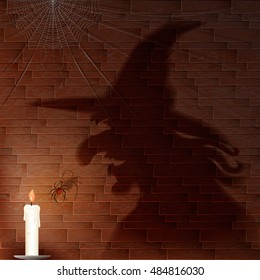 Halloween background with shadow of the scary witch on the brick wall. Vector illustration,