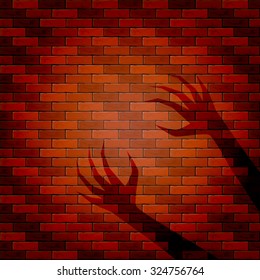 Halloween background with shadow of two hand on a brick wall, illustration.