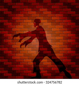 Halloween background with shadow of zombie on a brick wall, illustration.