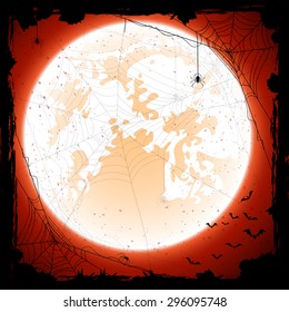 Halloween background with shining Moon, bats and spiders, illustration.