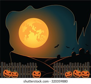 Halloween background with shinny night moon, pumpkins and trees. Vector 