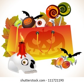 Halloween background with shopping bag with scary face, sweets and skull over white, vector