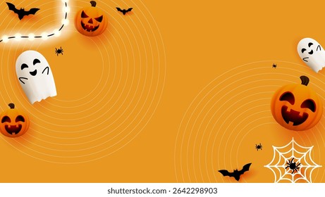 halloween background shows pumpkins ghosts bats and spiders with space for text, perfect for festive invitations, party flyers, social media posts, and Halloweenthemed designs.
