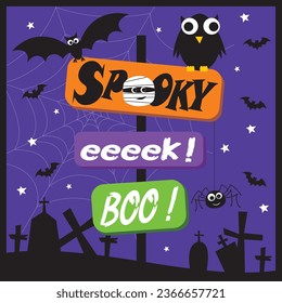 Halloween background with sign board, owl and bats