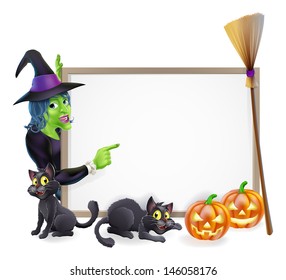 Halloween background sign frame with witch, Halloween pumpkin, witch's black cats and broomstick, copyspace for your text