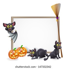 A Halloween background sign with pumpkins, black witches cats and broomstick and vampire bat and copyspace for your text in the centre