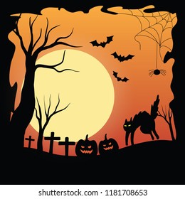 Halloween background with silhouette of black cat and the pumpkins jack o lantern in the graveyard full with dry branches tree and the big moon light and bats flying in the sky.