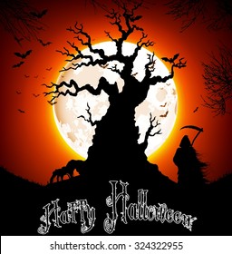 Halloween background - silhouette of black scary scytheman standing on  tree with crosses on full moon. vector