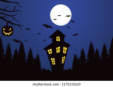 halloween background with silhouette castle, bat and pumpkin scary vector illustration