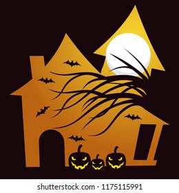 halloween background with silhouette castle, bat and pumpkin scary vector illustration