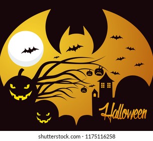 halloween background with silhouette castle, bat and pumpkin scary vector illustration