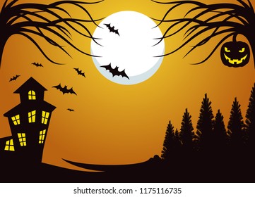 halloween background with silhouette castle, bat and pumpkin scary vector illustration