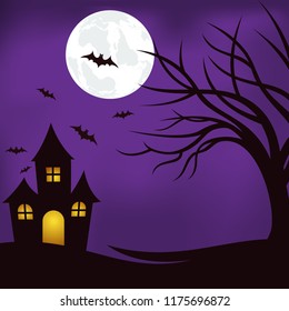 halloween background with silhouette castle, bat and pumpkin scary vector illustration 