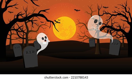 Halloween background with silhouette of cemetery and spooky trees and bats. There are two cartoon ghosts and big moon.
Suitable for halloween event.