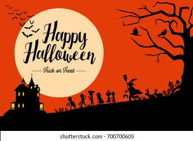 Halloween background, Silhouette of children going trick or treating, Vector Illustration