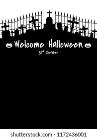 Halloween background with silhouette of graveyard and Welcome Halloween text.