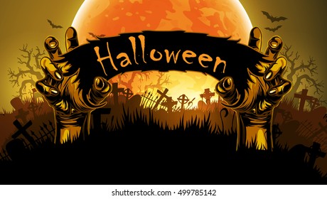 Halloween background with a silhouette of a hands against the backdrop of a large moon