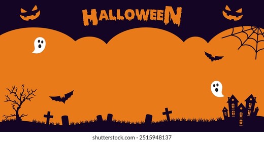 Halloween background silhouette, horror night holiday on cemetery. Halloween banner with castle and tombstones on graveyard