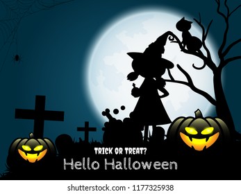 Halloween background of silhouette of Little witch with magic pot, cat, Halloween pumpkins, spider with cobweb in graveyard on full moon sky and Hello Halloween text. Vector illustration design.