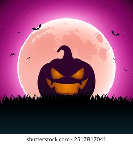 Halloween Background With Silhouette oh Spooky Pumpkin Uder Full Moon