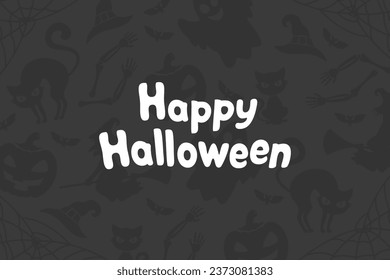 Halloween background. Silhouette of pumpkin, cat and ghost on dark.