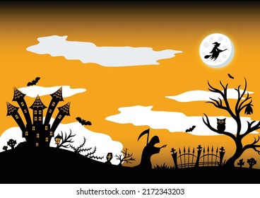 Halloween background with silhouette scary castle, full moon, cemetery and Grim Reaper. Concept for banner, greeting card, party invitation. Place for text. Vector flat design illustration