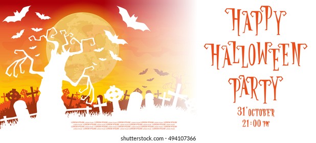 Halloween background. Silhouette scary monsters trees on old cemetery backdrop moon, bats and graves. Concept for banner, poster, flyer, cards or invites on party. Cartoon style. Vector illustration