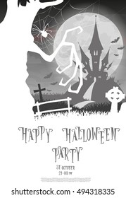 Halloween background. Silhouette scary monsters trees on old cemetery backdrop moon, bats and graves. Concept for banner, poster, flyer, cards or invites on party. Cartoon style. Vector illustration