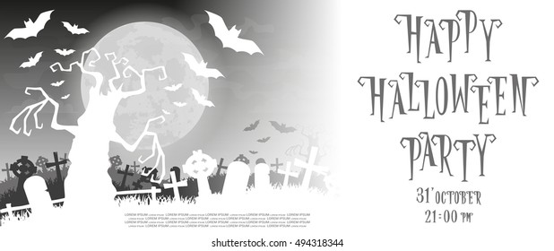 Halloween background. Silhouette scary monsters trees on old cemetery backdrop moon, bats and graves. Concept for banner, poster, flyer, cards or invites on party. Cartoon style. Vector illustration