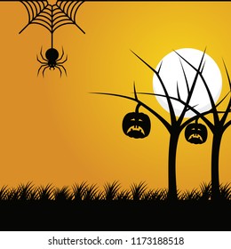 halloween background with silhouette tree, bat and pumpkin scary on orange background vector illustration