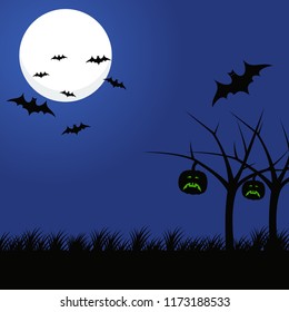 halloween background with silhouette tree, bat and pumpkin scary vector illustration 