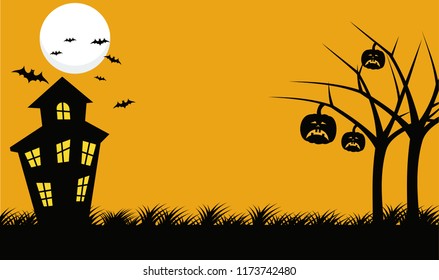 halloween background with silhouette tree, castle and pumpkin vector illustration