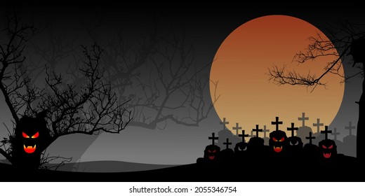 Halloween background with silhouette tree horror, wood devil face, cemetery ferocious grave. Night sky black grey gradient abstract. Full moon orange-red thriller. Design Halloween Vector Illustration