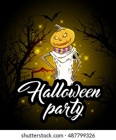 Halloween background with silhouette of tree and pumpkin. Design for Halloween party.