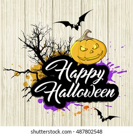 Halloween background with silhouette of tree and pumpkin. "Happy Halloween" lettering.