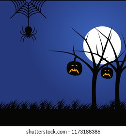 halloween background with silhouette tree, spider and pumpkin scary vector illustration
