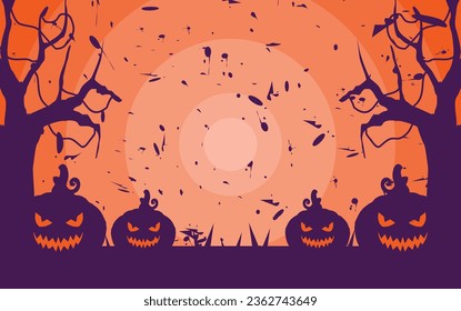 halloween background with silhouette view of pumpkins and trees