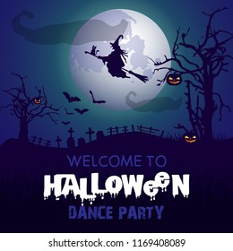 Halloween background with silhouette of a witch flying in the night sky