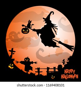 Halloween background with silhouette of a witch flying in the night sky