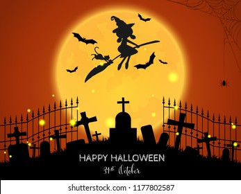 Halloween background of silhouette of witch flying by broomstick with cat and flying bats in graveyard on full moon sky and Halloween Party 31st October text. Vector illustration design for Invitation