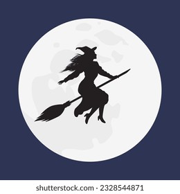 Halloween background with a silhouette of a witch flying on a broomstick against full moon. Woman with a broom. Vector illustration