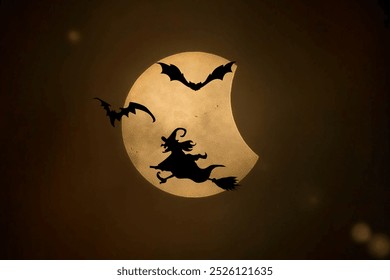 Fondo de Halloween. Silueta de una bruja volando sobre la luna. Bruja volando en un palo de escoba frente a la luna llena. Murciélagos de Halloween volando sobre la luna. Concepto de Halloween.