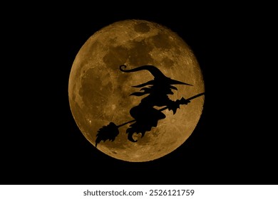 Fondo de Halloween. Silueta de una bruja volando sobre la luna. Bruja volando en un palo de escoba frente a la luna llena. Murciélagos de Halloween volando sobre la luna. Concepto de Halloween. 